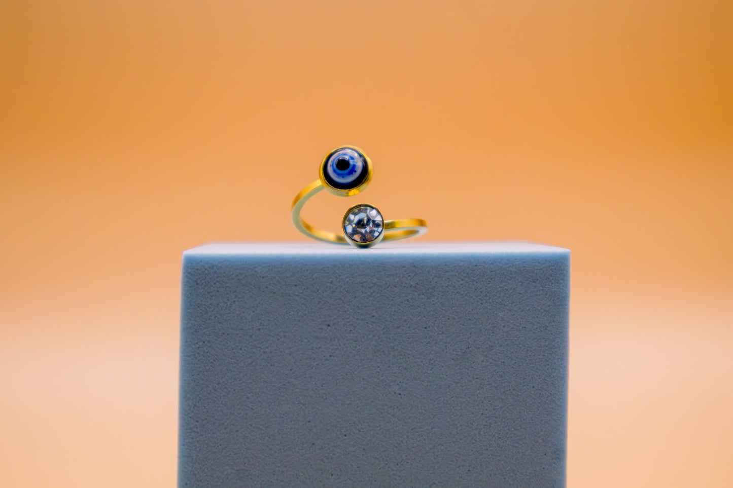 Evil Eye & Crystal Duo Adjustable Ring