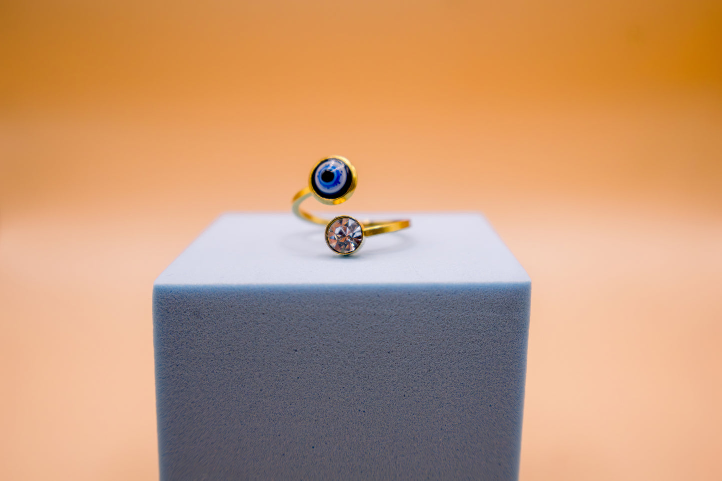 Evil Eye & Crystal Duo Adjustable Ring