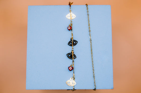 Gold Leaf & Evil Eye Charm Anklet